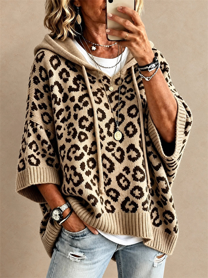 Women Leopard Print Oversized Pullover Hooded Poncho Knit Sweater