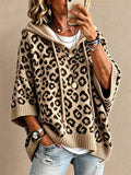 Women Leopard Print Oversized Pullover Hooded Poncho Knit Sweater