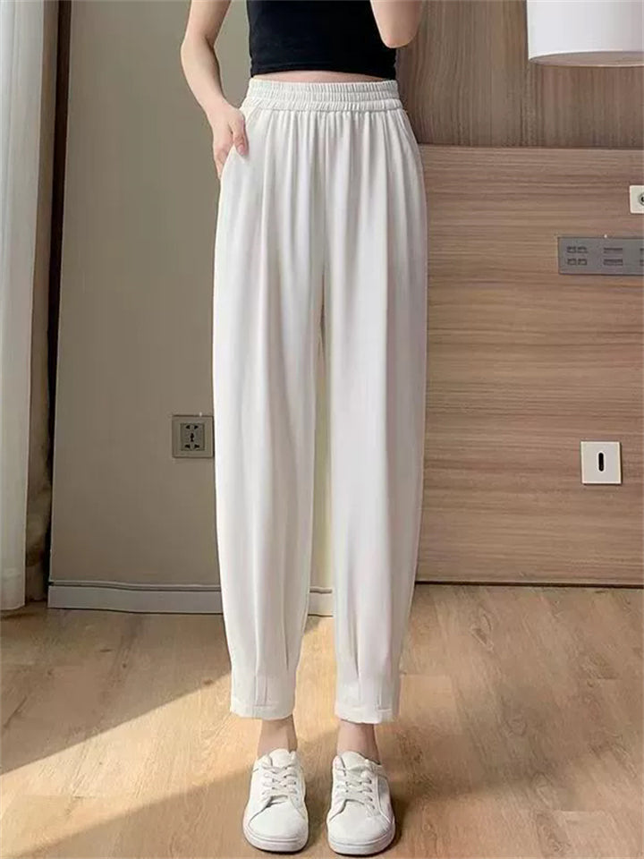 Women's Casual Ick Silk High Waisted Cropped Pants with Elastic Waist