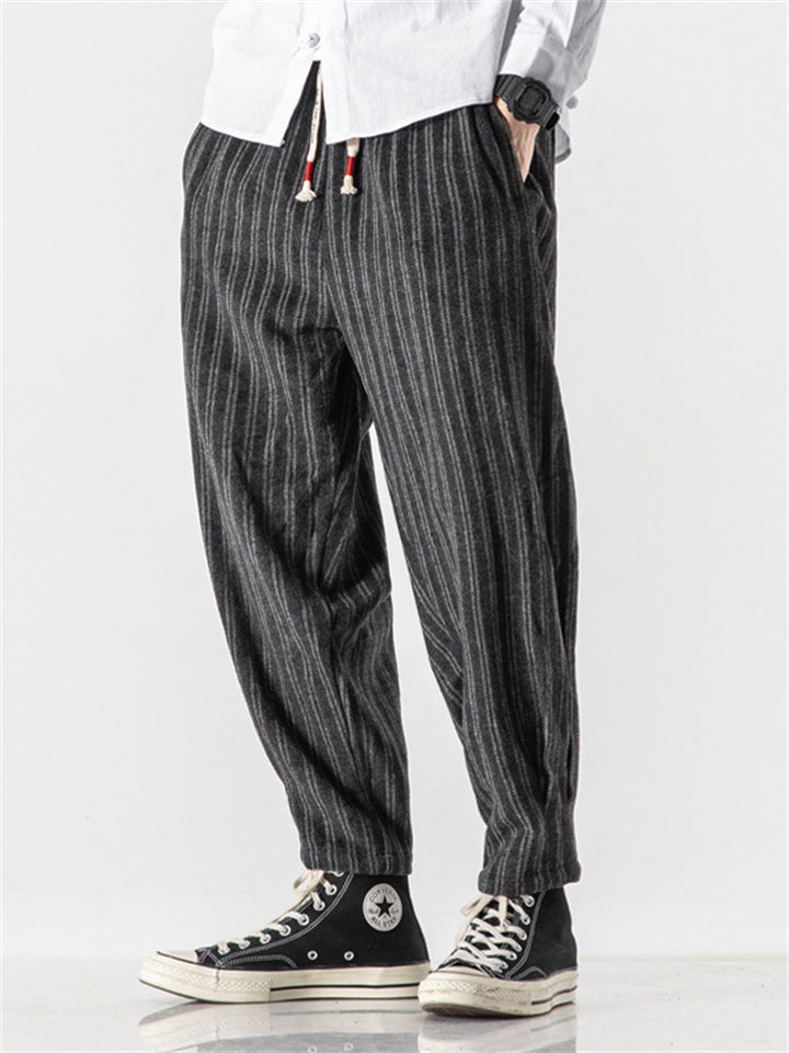 Men's Stylish Striped Drawstring Thickened Woolen Casual Pants