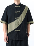 Men's Chinese Style Color Block Cotton Linen Short Sleeve Tang Suit Shirts
