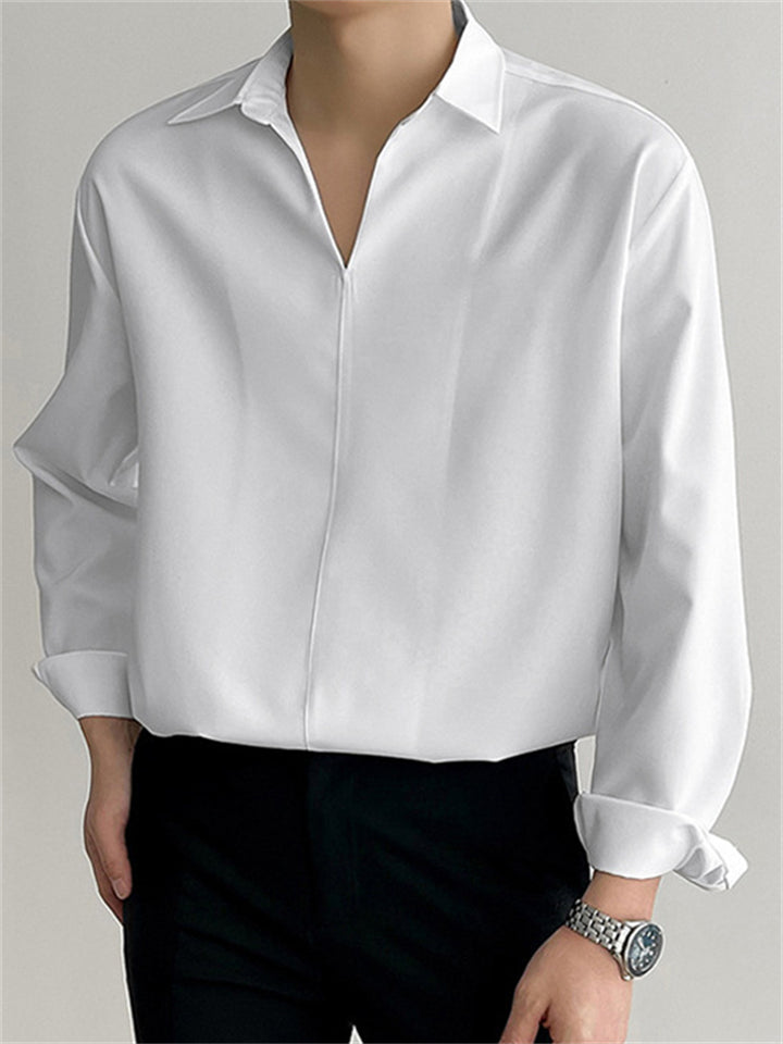 Men's Casual Solid Color V Neck Drape Long Sleeve Shirt