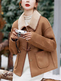 Women's Winter Vintage Contrast Trim Fleeced Faux Suede Long Sleeve Coats