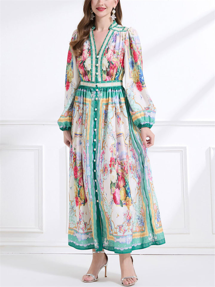 Women's Elegant V Neck Long Sleeve Floral Print Dress