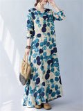 Women's Round Neck Blue Polka Dots Casual Maxi Dress
