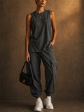 Womens Cotton Blend 2 Piece Sleeveless Tank and Cargo Jogger Lounge Set