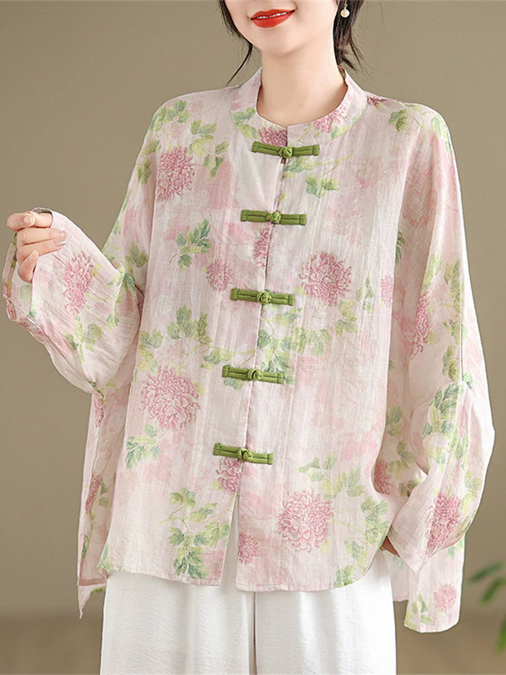 Women's Chinese Style Printed Frog Button Long Sleeve Tangsuit Shirt