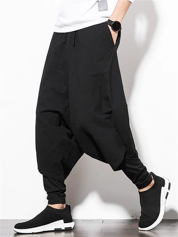 Men's Cotton Linen Solid Color Drop Crotch Capri Pants