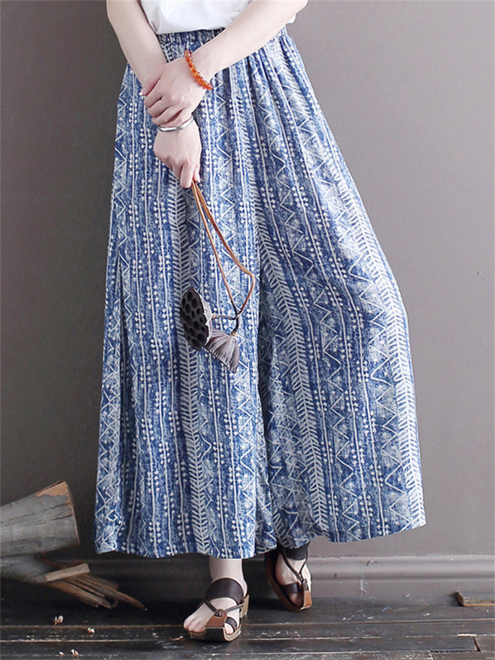 Women's Summer Blue Ethnic Style Printed Elastic Waist Wide Leg Pants