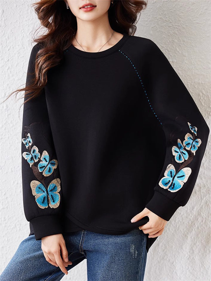 Women's Black Butterflies Embroidery Long Sleeve Pullover Sweatshirt