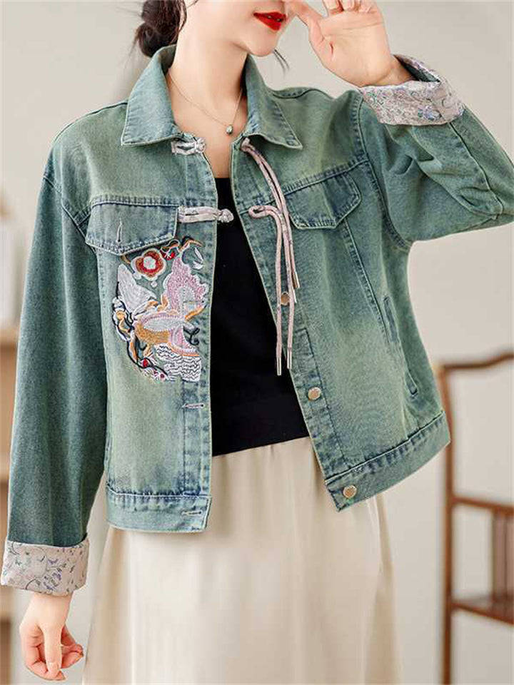 Women's Embroidery Contrast Color Frog Button Denim Jacket
