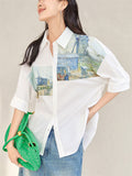 Women's Elegant Painting Print Lapel Short Sleeve Shirts