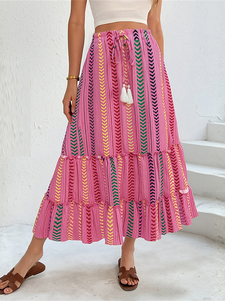 Summer Boho A-Line Contrast Color Elastic Waist Skirts for Women