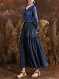 Women's Summer Vintage Style Splicing Elastic Waist Blue Denim Skirt