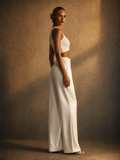Women High Waist Lace Trim Satin Wide Leg Palazzo Pants