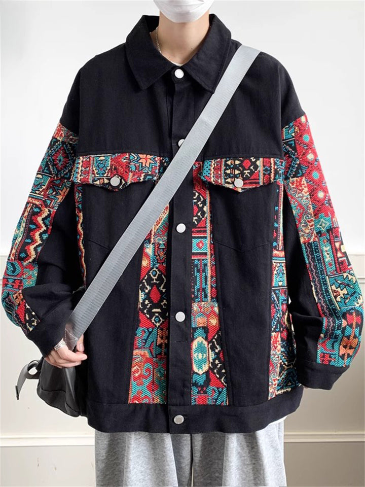 Retro Loose Jacquard Patchwork Cargo Jacket for Men