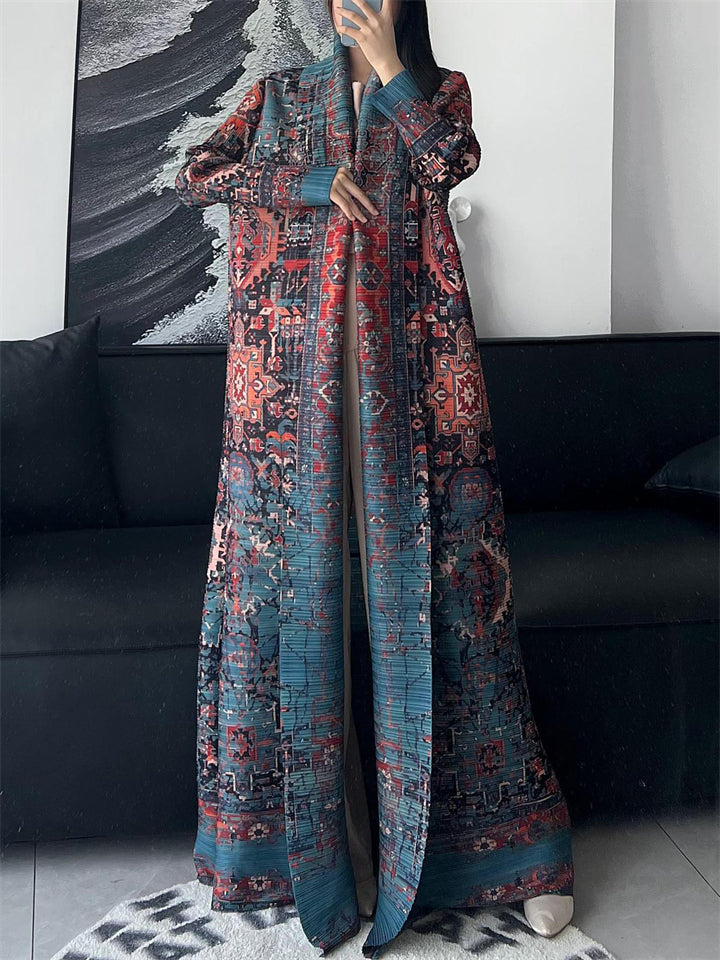 Women's Geometric Print Pleated Long Sleeve Cardigan Coat