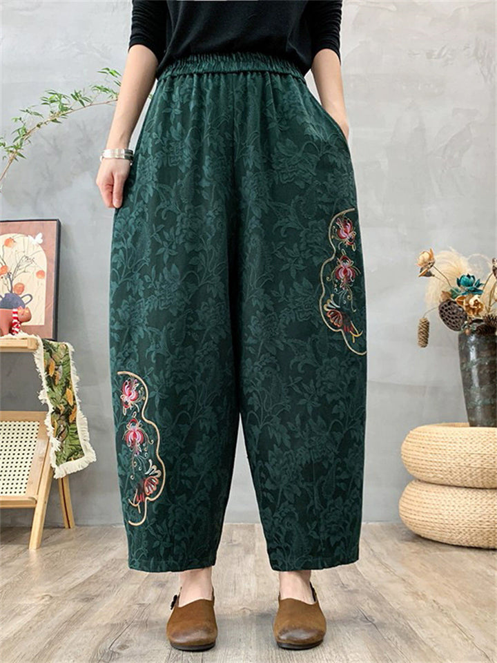 Women's Ethnic Style Floral  Embroidered Elastic Waist Bloomers Pants