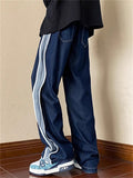 Men's Patchwork Elastic Waist Drawstring Wide-Leg Straight Jeans