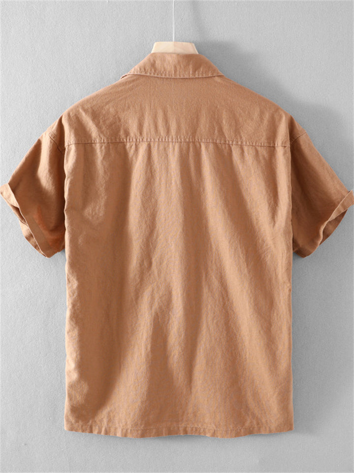 Men's Summer Casual Ramie Cotton Solid Color Lapel Shirts