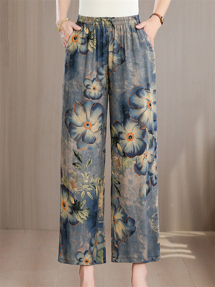 Women's Elegant Print Elastic Waist Wide Leg Cropped Pants