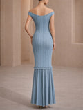 Women's French Style Keyhole Off Shoulder Knit Ruffle Mermaid Maxi Dress