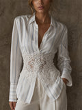 Women's Chic Striped Lace Corset Waist Button Down Blouse