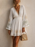 Womens White Boho Sun Print Bell Sleeve Mini Dress with Lace Trim