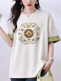 Korean Style Loose Women's Print Contrast Color T-Shirt