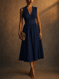 Women V Neck Sleeveless Smocked Waist Midi Dress