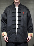 Men Chinese Style Stand Collar Loose Fit Jacket with Hanzi Embroidery