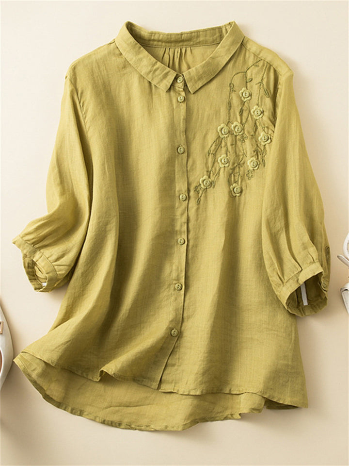Women's Summer Casual Solid Color Embroidery Half Sleeve Shirt