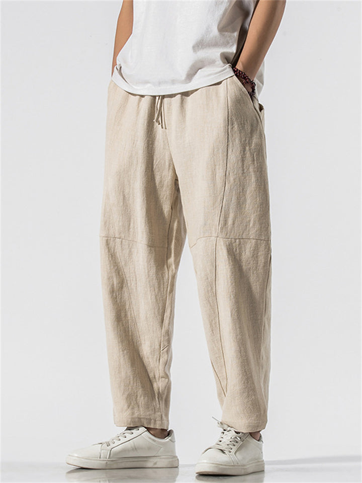 Men's Casual Linen Solid Color Drawstring Cropped Pants