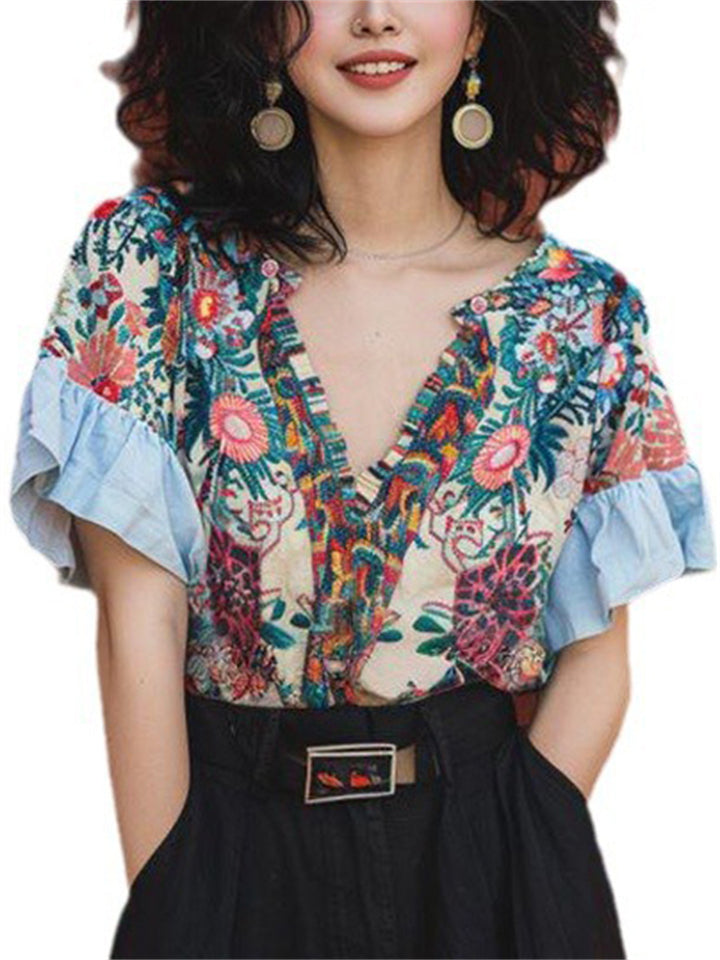 Summer Floral Print V-Neck Ruffled Sleeve Shirt for Women