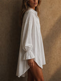 Womens White Cotton Blend Boho Puff Sleeve Lace Shirt Dress
