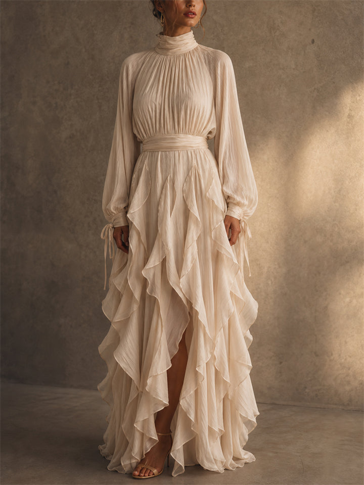 Womens Boho Chiffon Ruffle High Neck Long Sleeve Maxi Dress