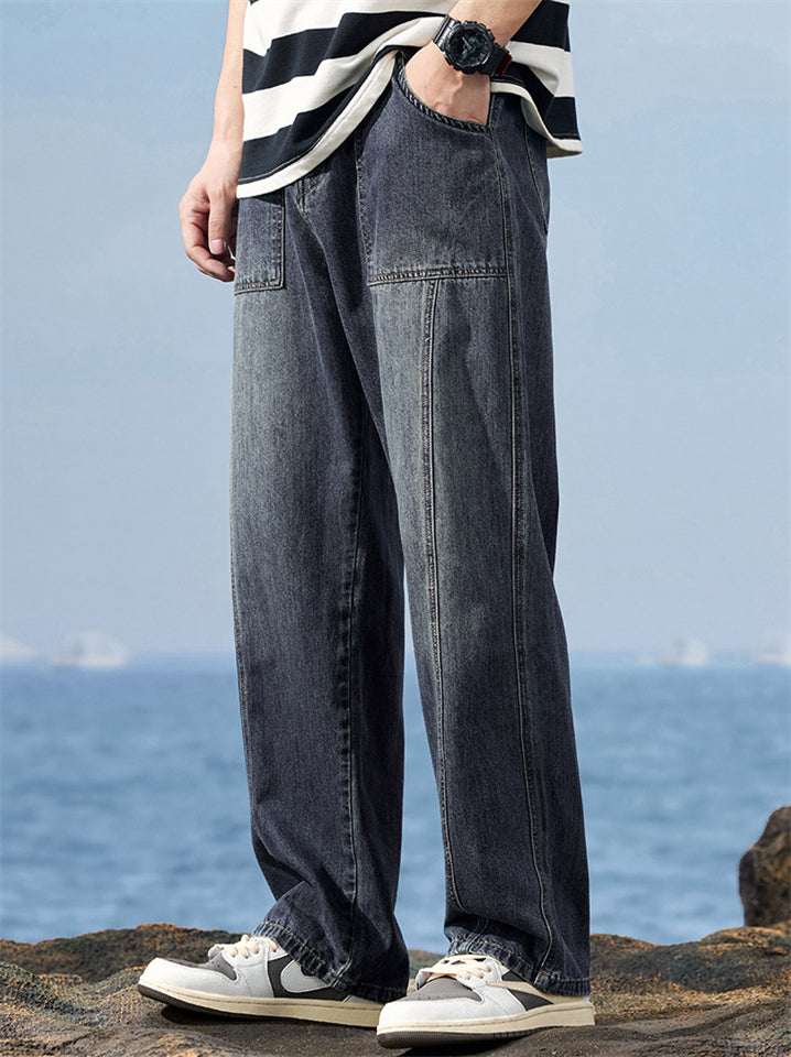 Men's Trendy Steetwear Retro Blue Mid Waist Loose Straight Fit Casual Jeans