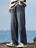 Men's Trendy Steetwear Retro Blue Mid Waist Loose Straight Fit Casual Jeans