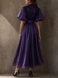 Women Elegant Shiny Puff Sleeve Smocked Maxi Party Dress