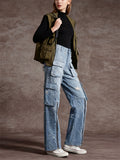 Women High Waist Distressed Zipper Hem Denim Cargo Jeans