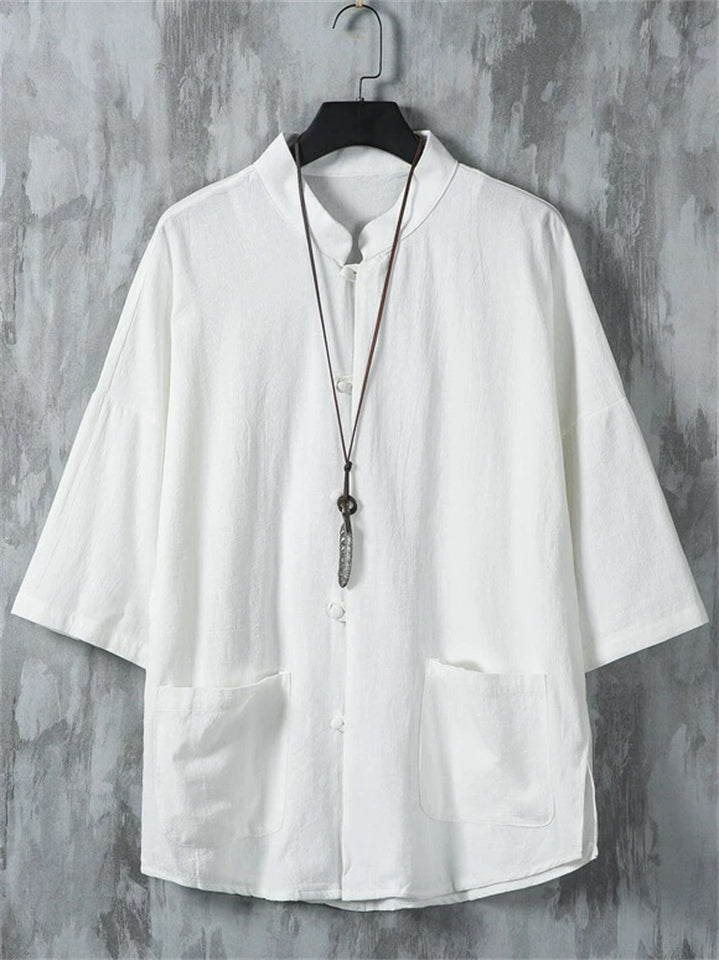 Men's Summer Simple Stand Collar Button Up Half Sleeve Shirts