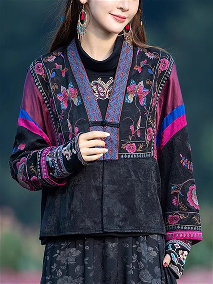 Women's Ethnic Style Embroidered Patchwork Black Cardigan Jackets