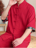 Chinese Ethnic Style Button Linen Tops and Wide Leg Pants Set for Men
