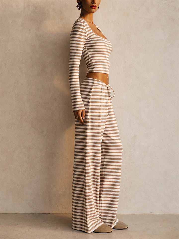 Womens Striped Ribbed Long Sleeve Crop Top Wide Leg Pants 2pc Set