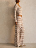 Womens Striped Ribbed Long Sleeve Crop Top Wide Leg Pants 2pc Set