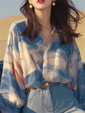 Korean Style Blue Summer Button Up Lapel Shirt for Women