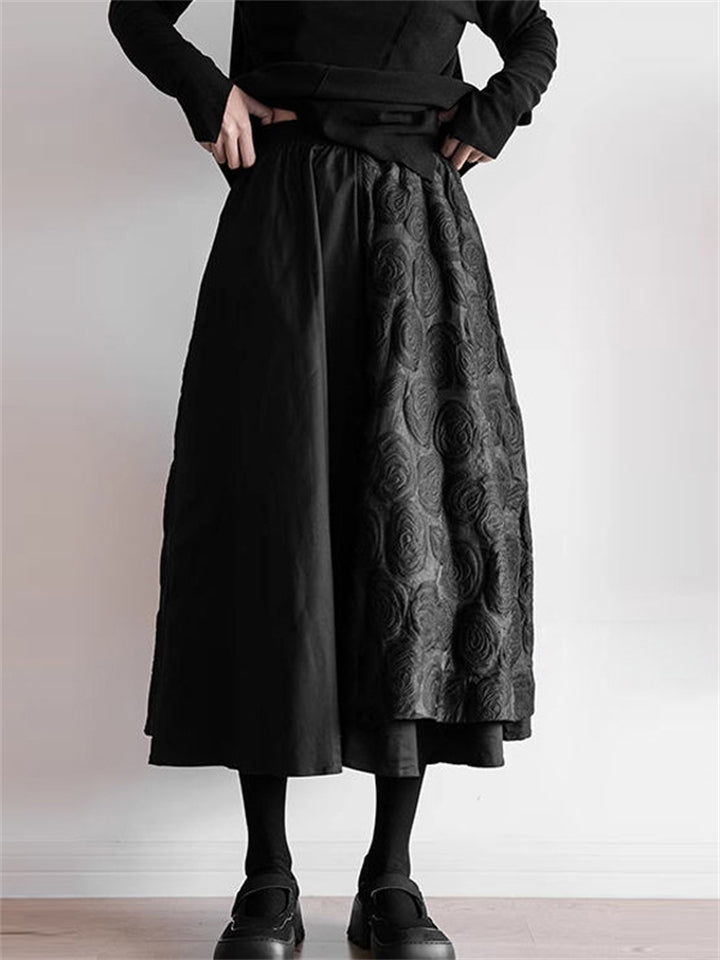 Women's Korean Style All Black Patchwork Midi Skirt