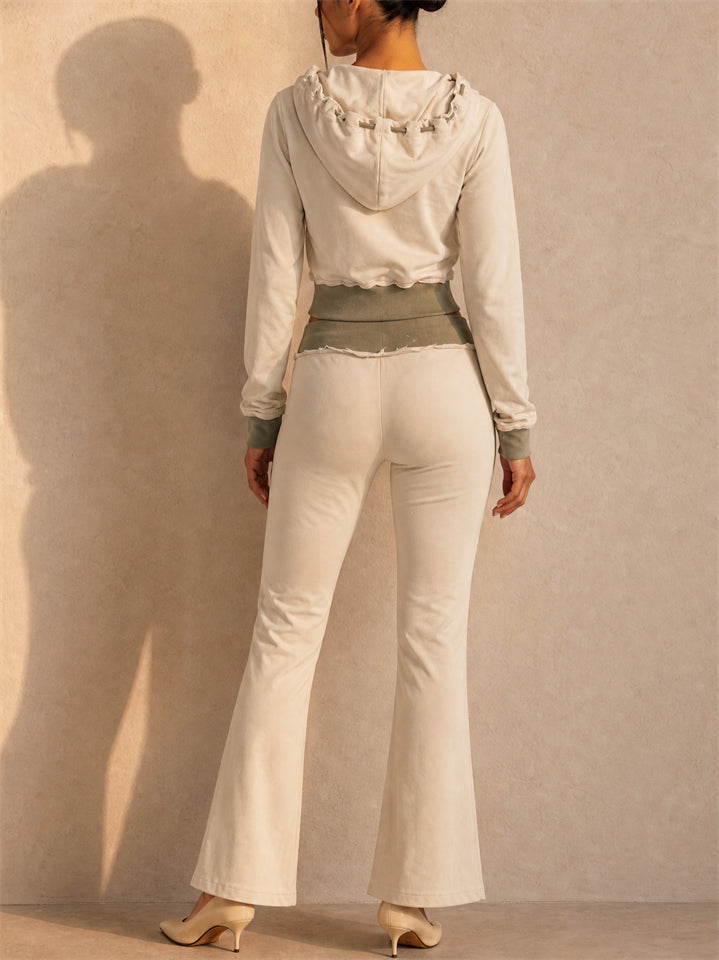 Womens Cropped Hoodie Flare Pants Two Piece Lounge Set