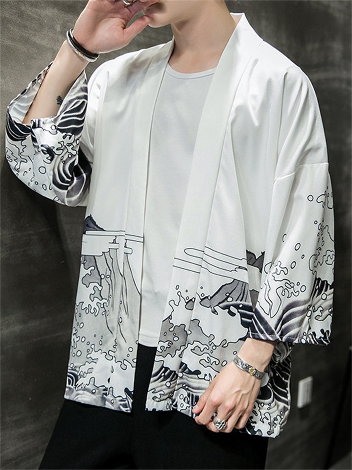 Loose Chinese Zen Style Print Long Sleeve Cardigan for Men
