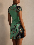 Women Green Floral Ruched Cheongsam Bodycon Mini Party Dress